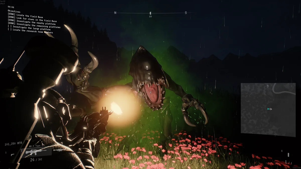 EXOME player an alien creature at close range in heavy rain