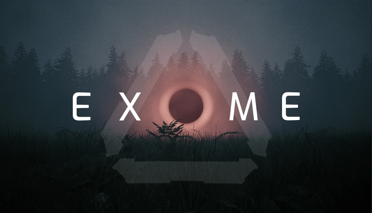 EXOME key art showing its title over a dark forest and red eclipse