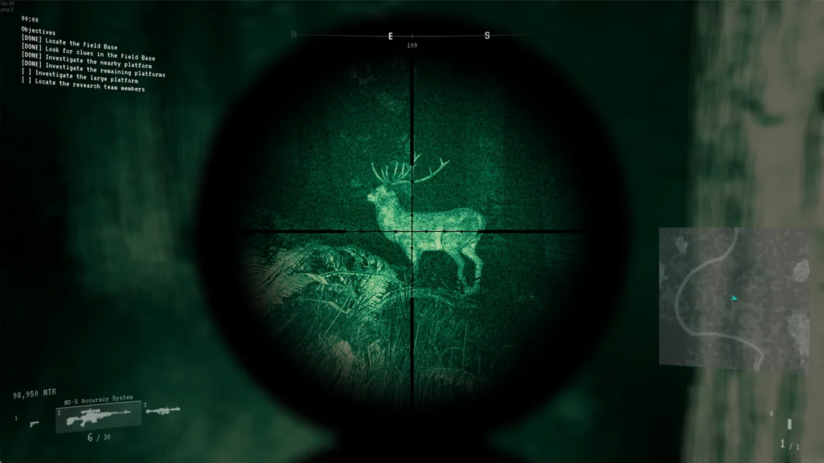 EXOME player observing a deer through a rifle scope at night