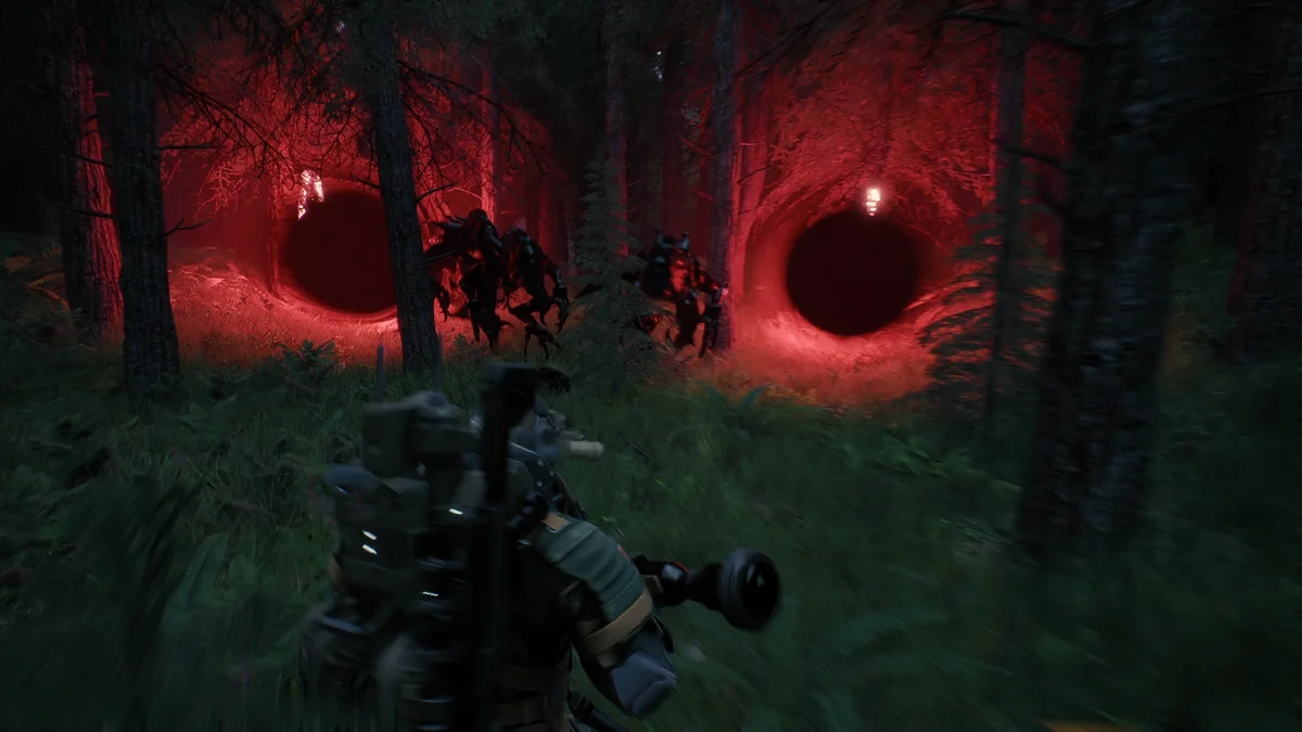 EXOME player facing hostile creatures emerging from red forect wormholes